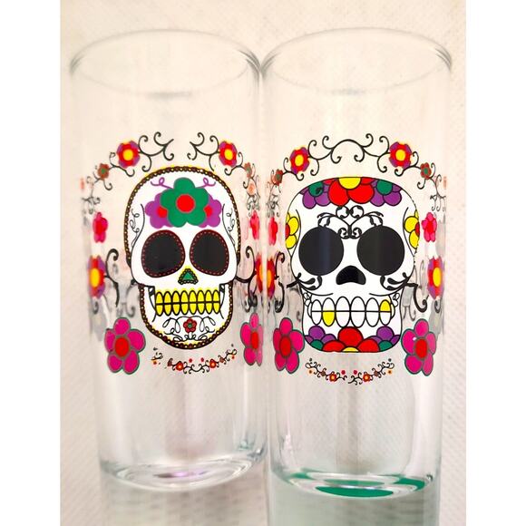 SHOT GLASSES-DAY OF THE DEAD-SUGAR SKULL-Colorful-2 oz (1/4 cup)-Set of 2 - Picture 6 of 9